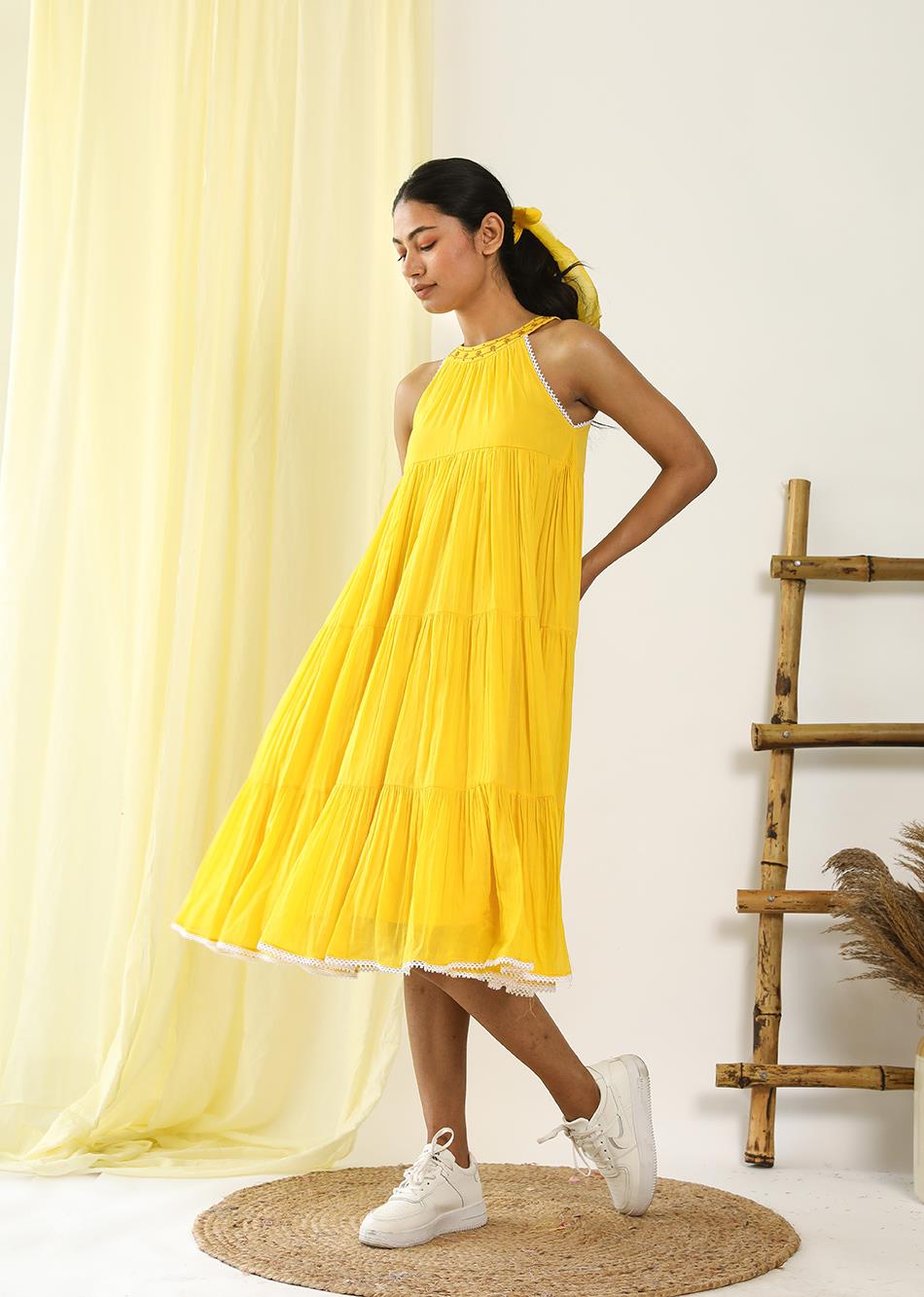 Yellow Halter Neck Tiered Mulmul Dress for Women - gallery