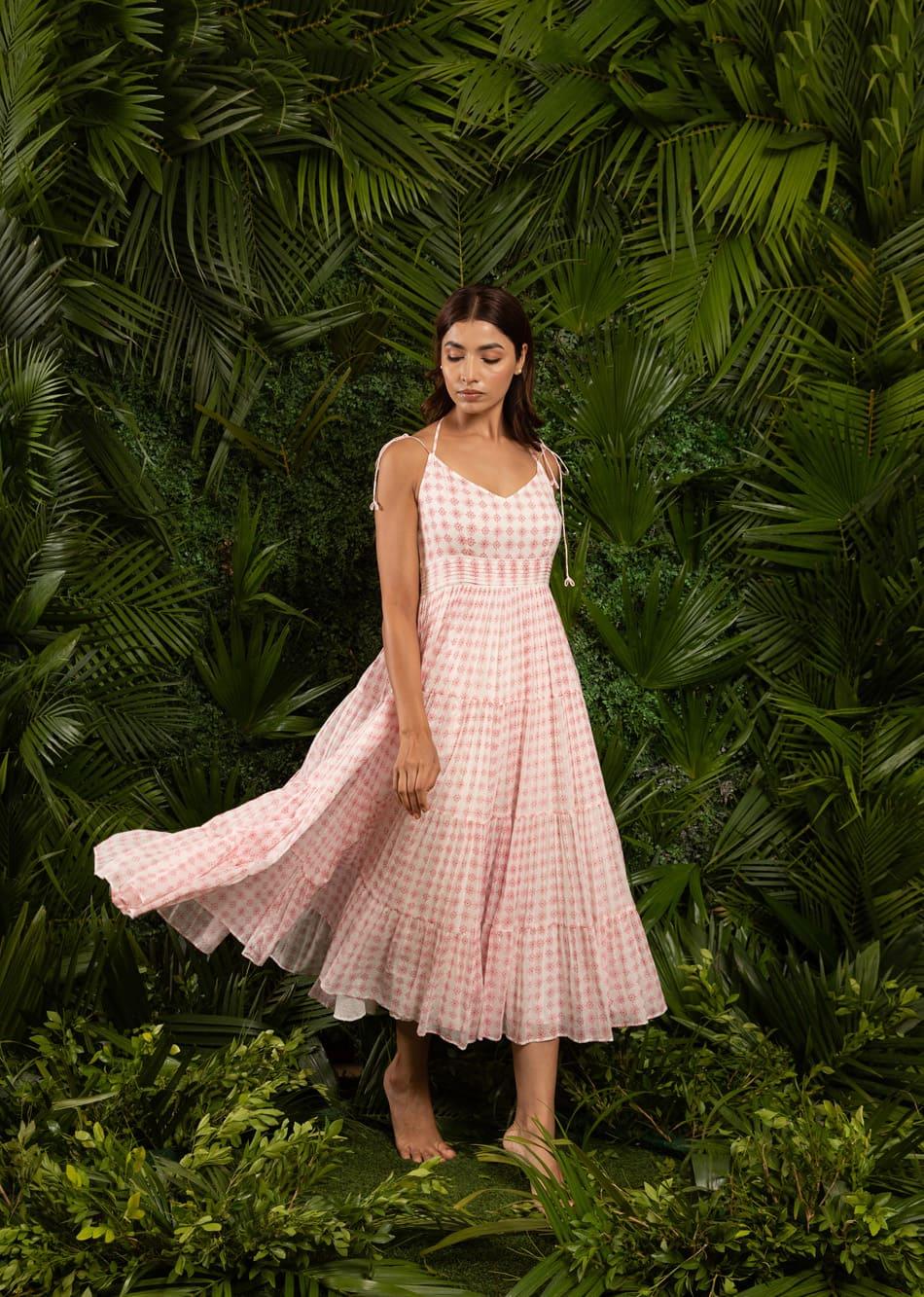 White Printed Halter Neck Tiered Maxi Dress for Women - gallery