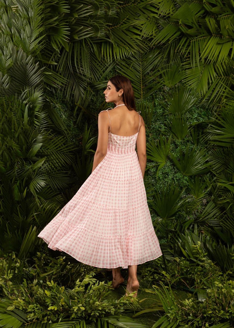 White Printed Halter Neck Tiered Maxi Dress for Women - gallery