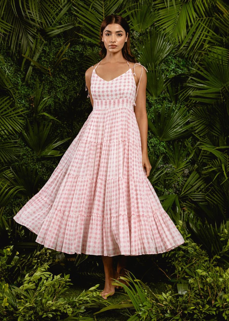 White Printed Halter Neck Tiered Maxi Dress for Women - gallery