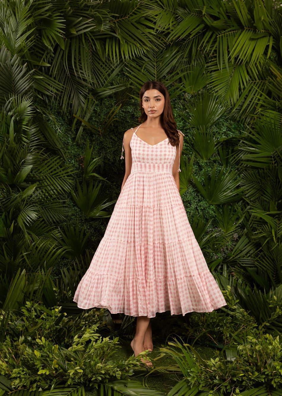 White Printed Halter Neck Tiered Maxi Dress for Women - gallery