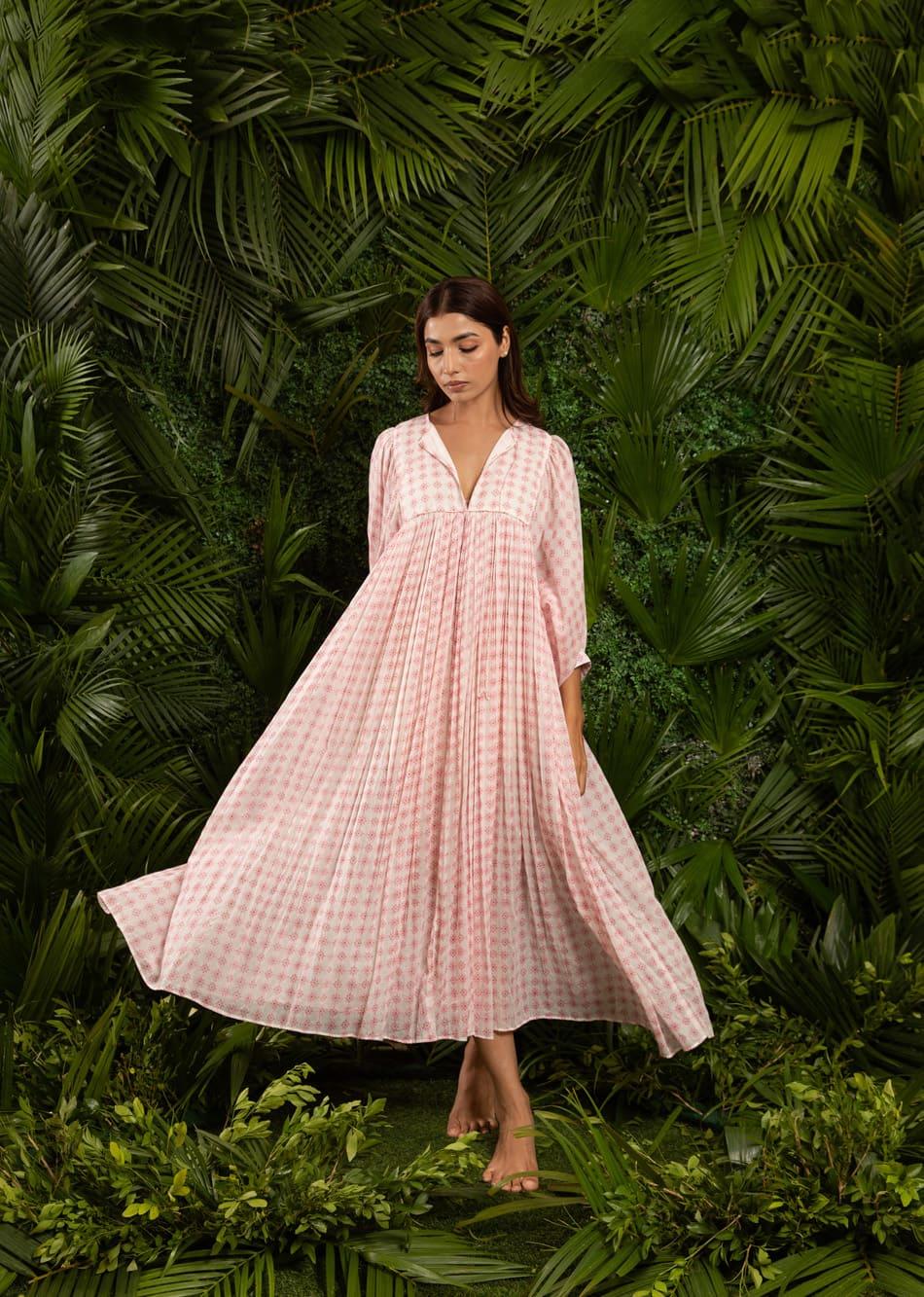 White Printed Balloon Sleeve Cotton Midi Dress for Women - gallery