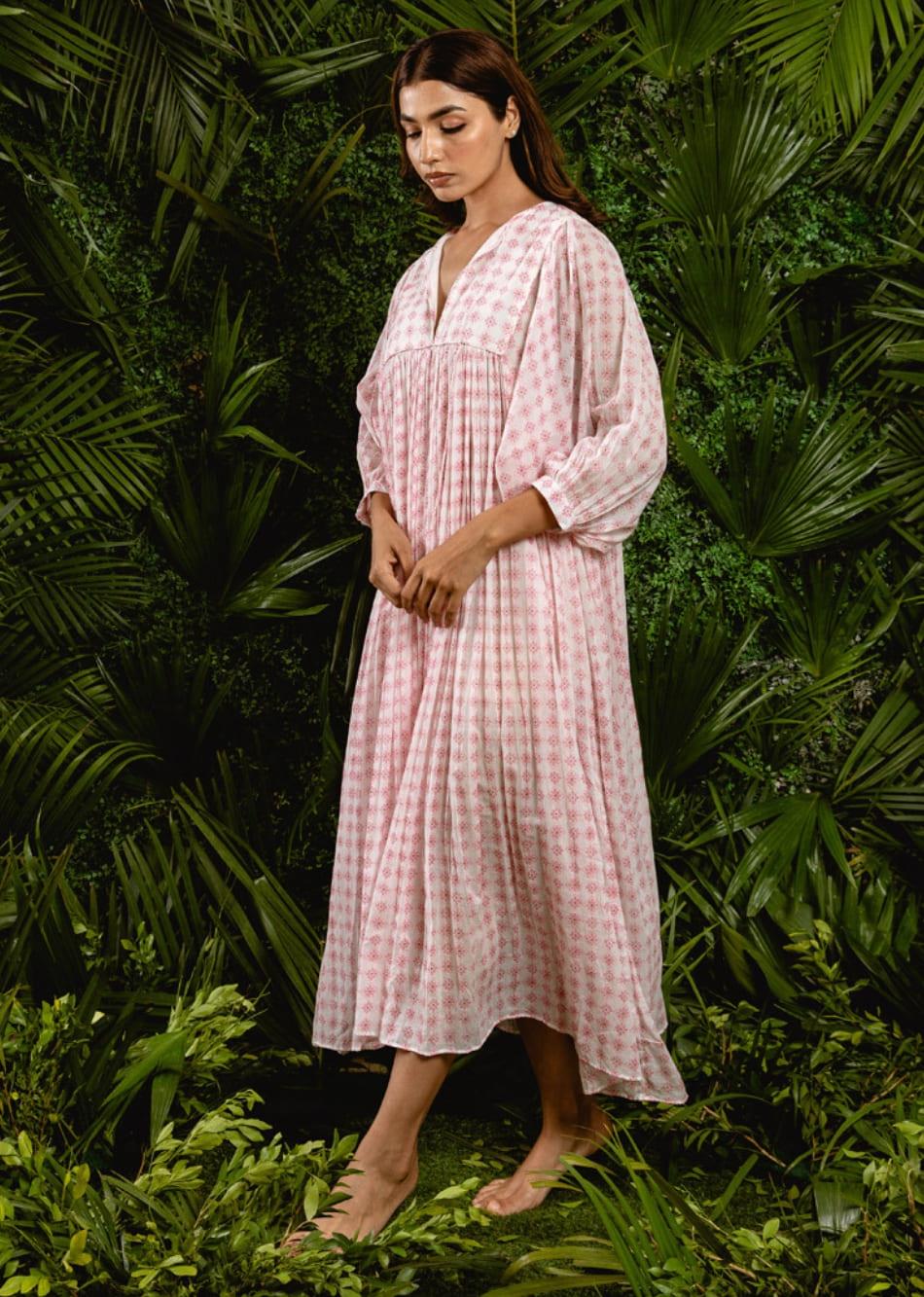 White Printed Balloon Sleeve Cotton Midi Dress for Women - gallery