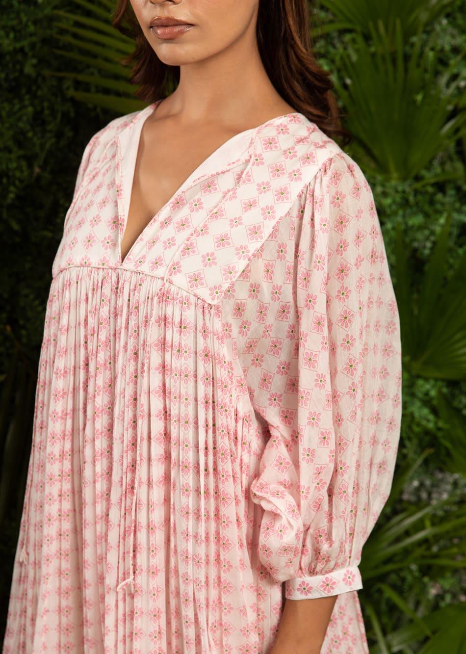 White Printed Balloon Sleeve Cotton Midi Dress for Women - gallery