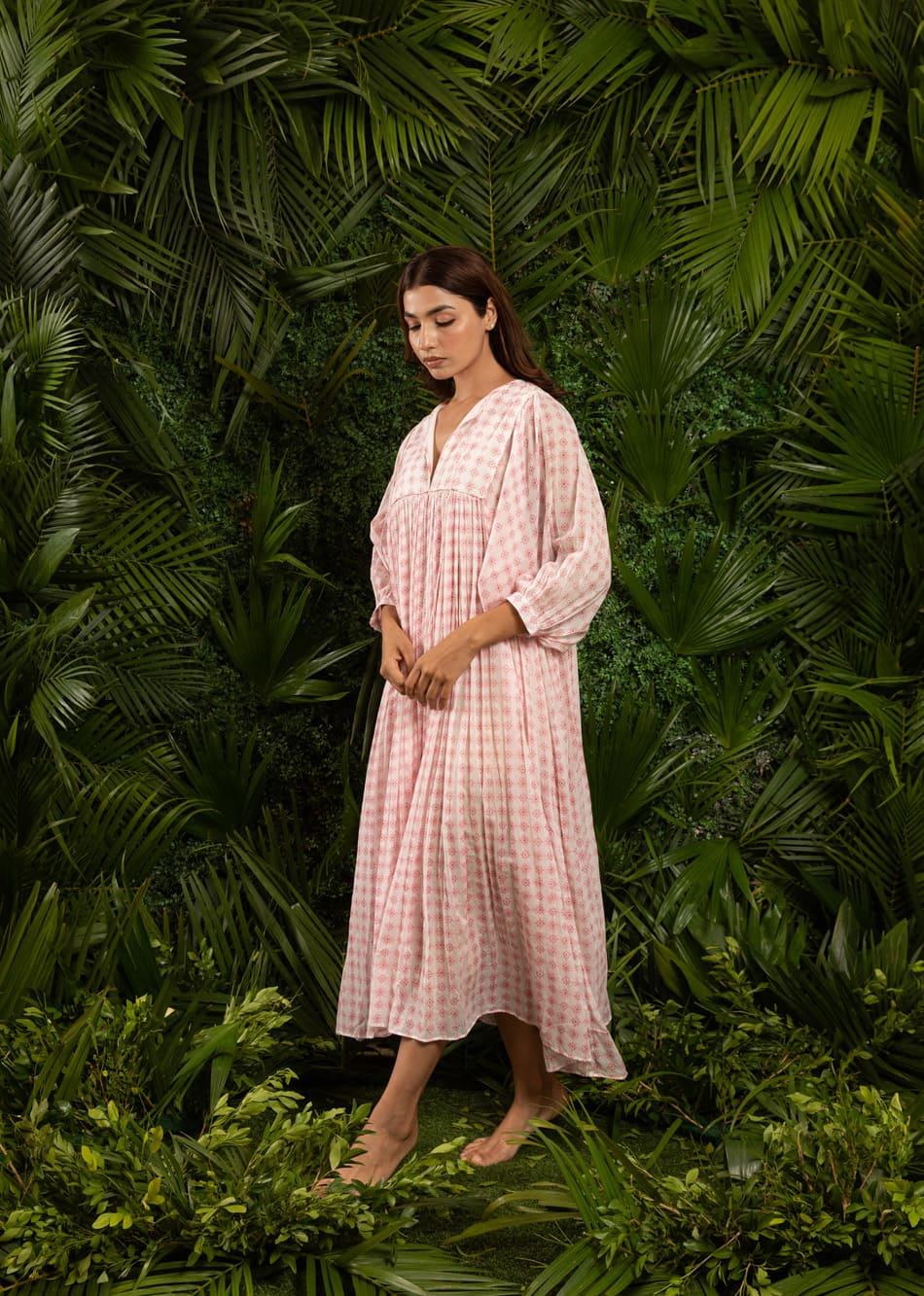 White Printed Balloon Sleeve Cotton Midi Dress for Women - gallery