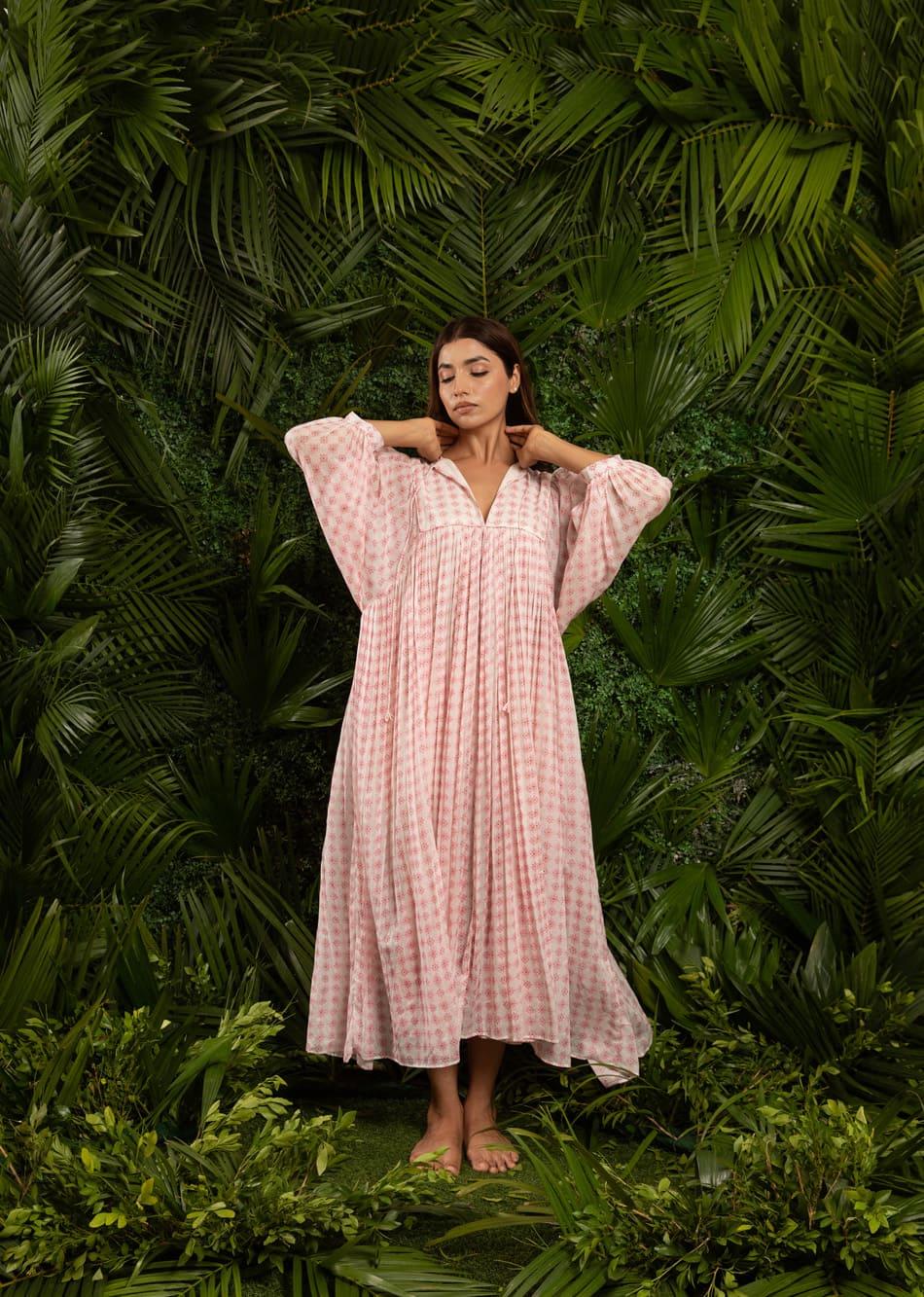 White Printed Balloon Sleeve Cotton Midi Dress for Women - gallery