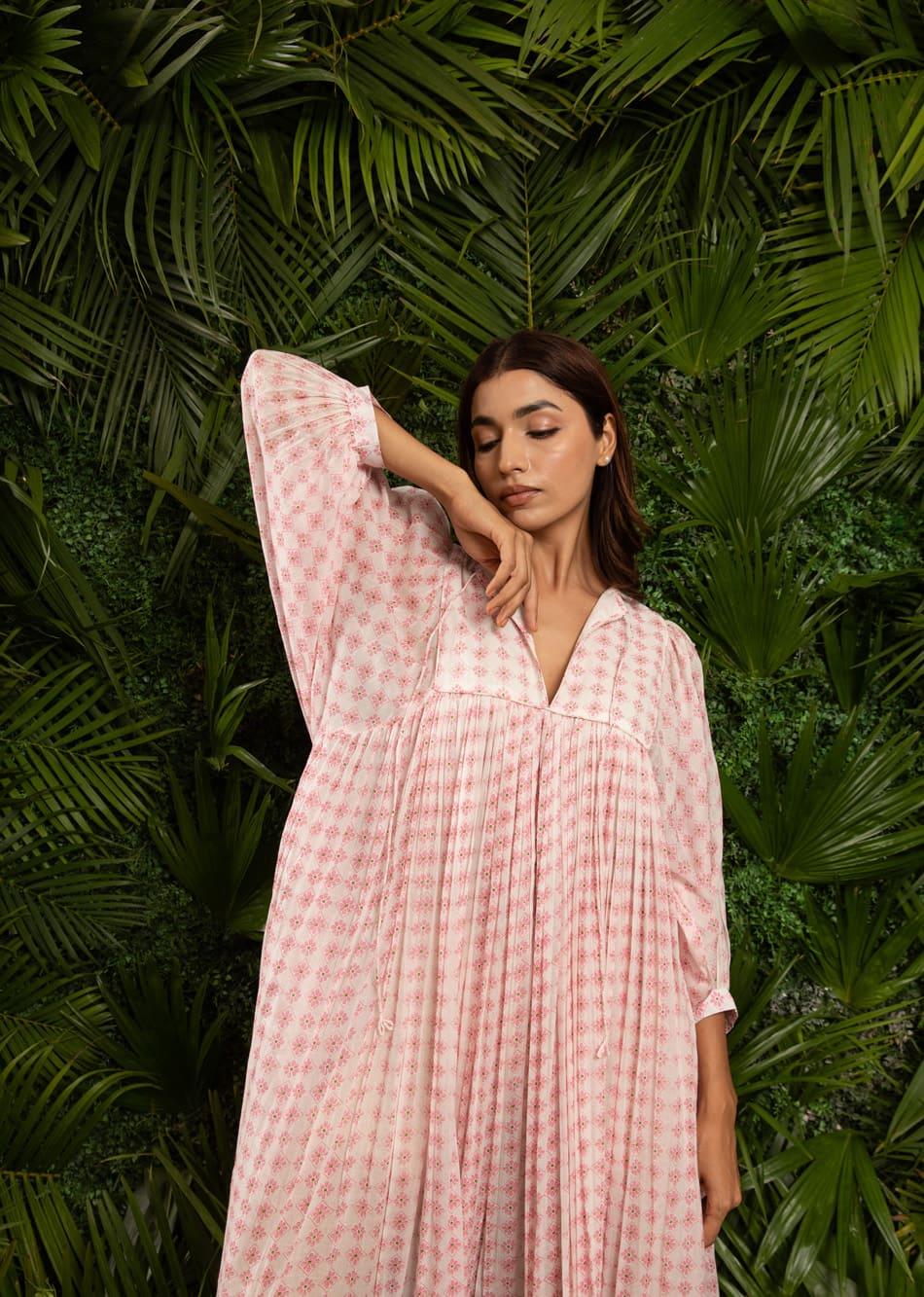 White Printed Balloon Sleeve Cotton Midi Dress for Women