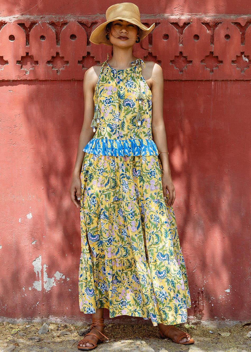 Yellow Hand Block Print Halter Maxi Dress for Women - gallery