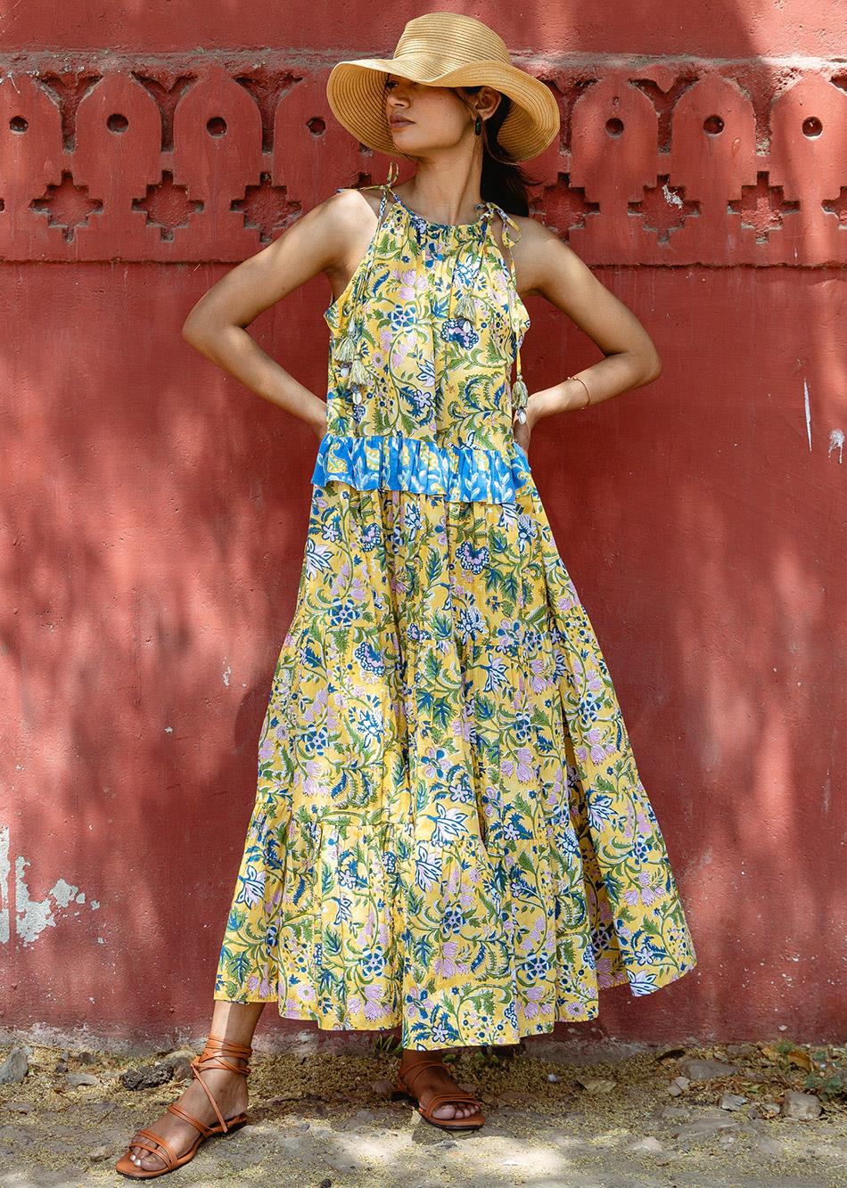 Yellow Hand Block Print Halter Maxi Dress for Women - gallery