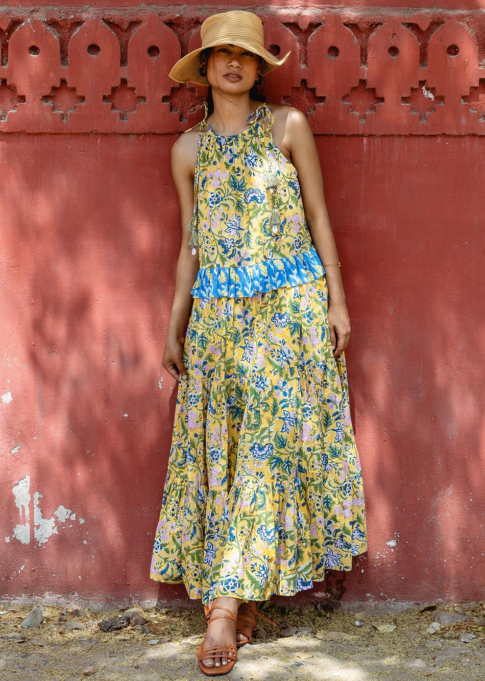 Yellow Hand Block Print Halter Maxi Dress for Women - gallery