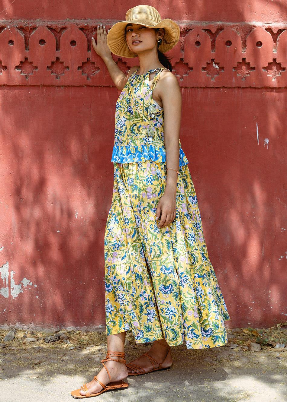 Yellow Hand Block Print Halter Maxi Dress for Women - gallery