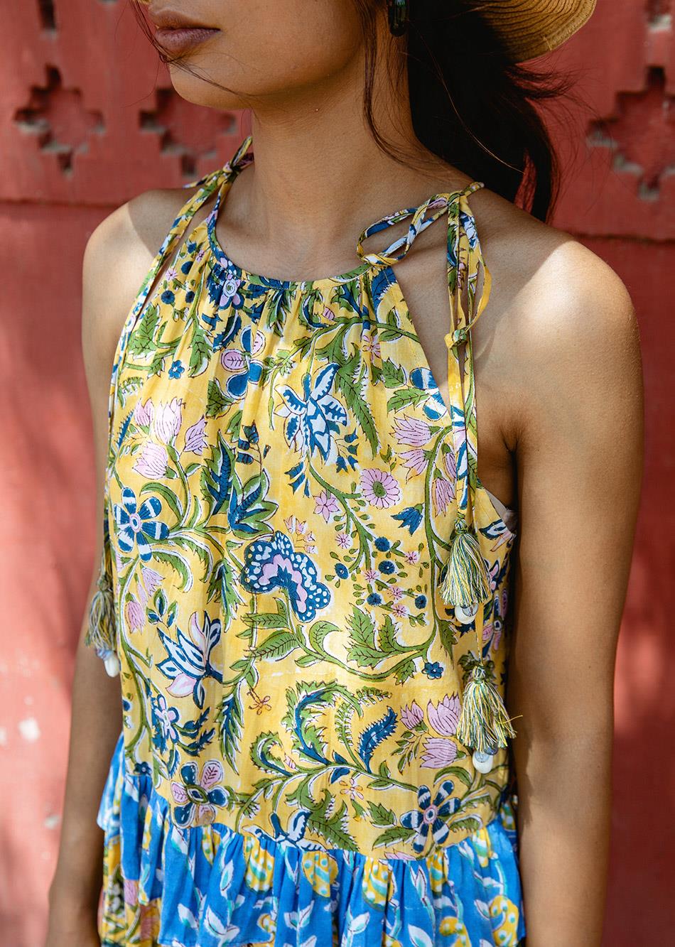 Yellow Hand Block Print Halter Maxi Dress for Women