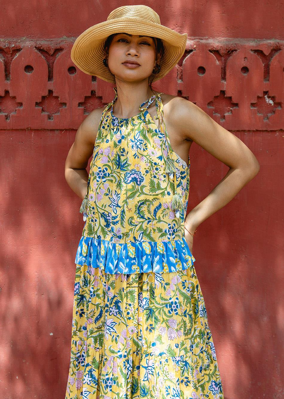 Yellow Hand Block Print Halter Maxi Dress for Women - gallery
