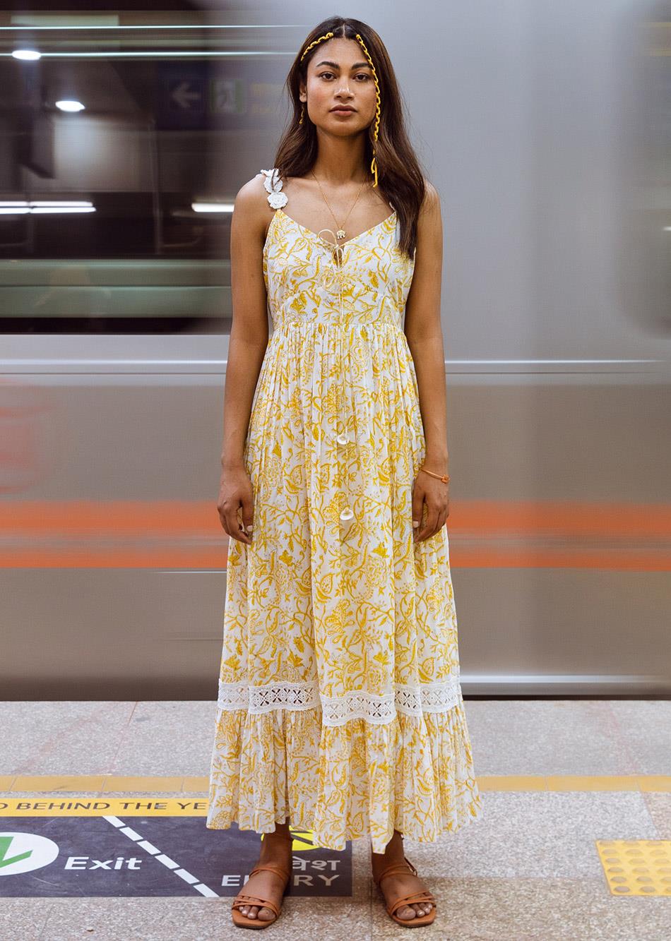 Yellow Crochet Flower Gather Strappy Maxi Dress for Women - gallery
