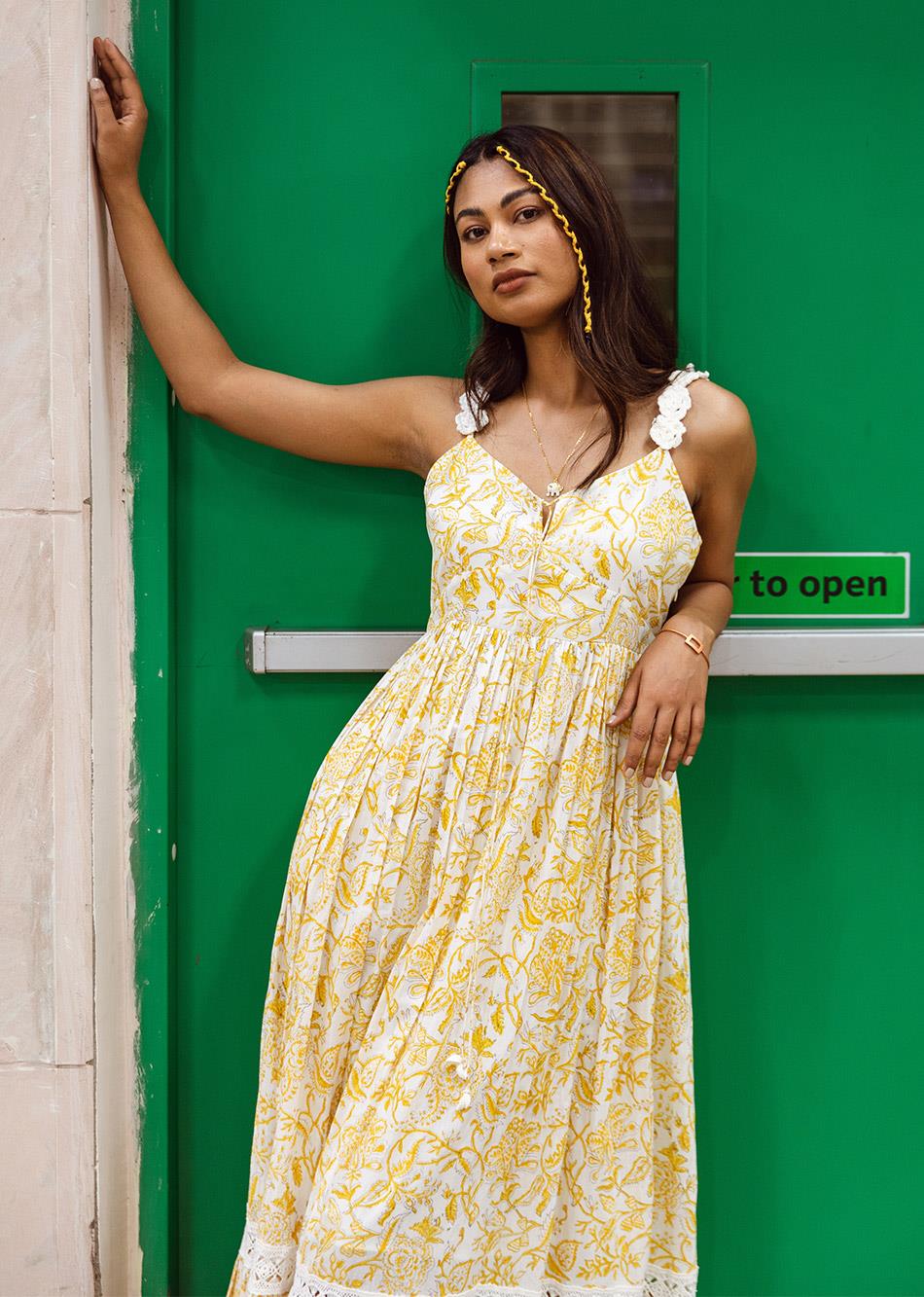 Yellow Crochet Flower Gather Strappy Maxi Dress for Women - gallery