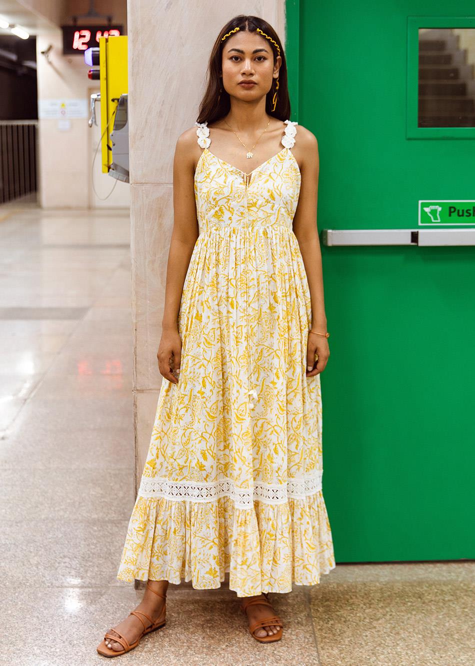Yellow Crochet Flower Gather Strappy Maxi Dress for Women - gallery