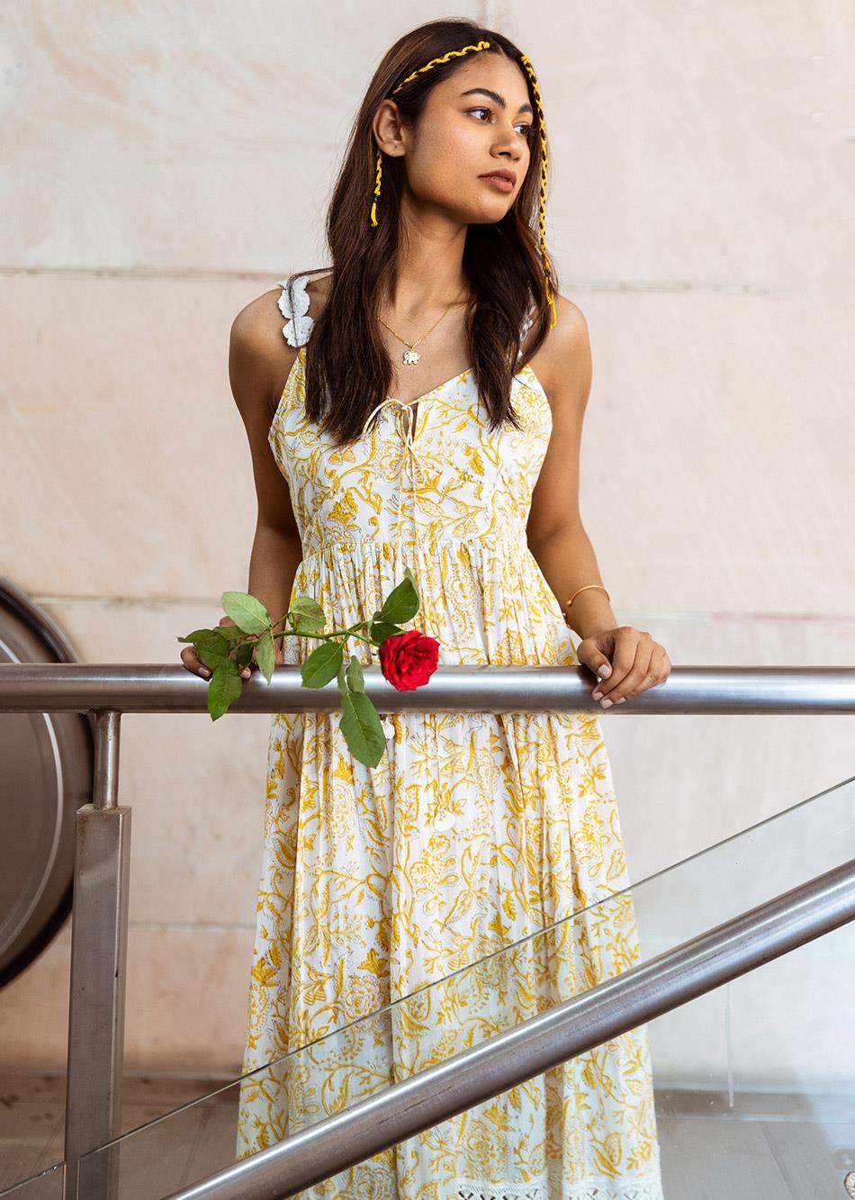 Yellow Crochet Flower Gather Strappy Maxi Dress for Women