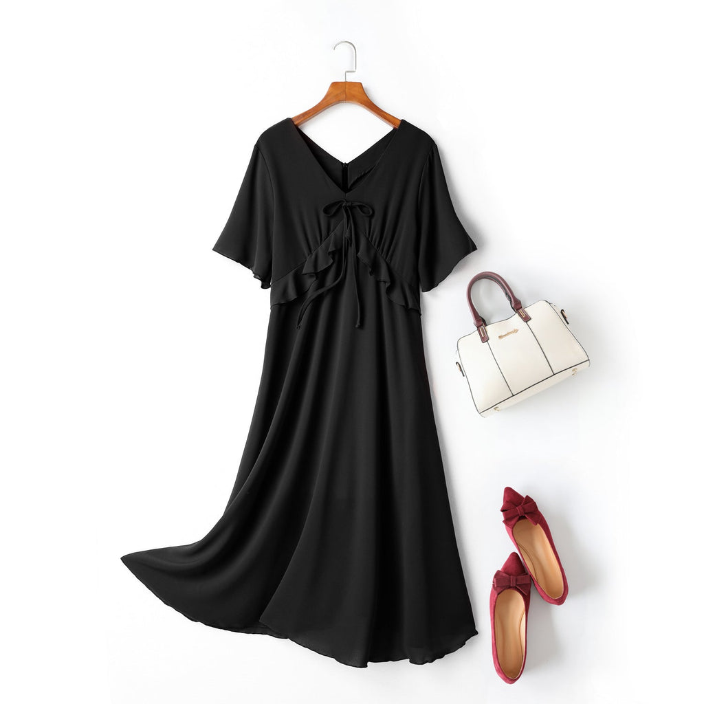 Cella Plus Size V Neck Ribbon Swing Short Sleeve Midi Dress — gallery