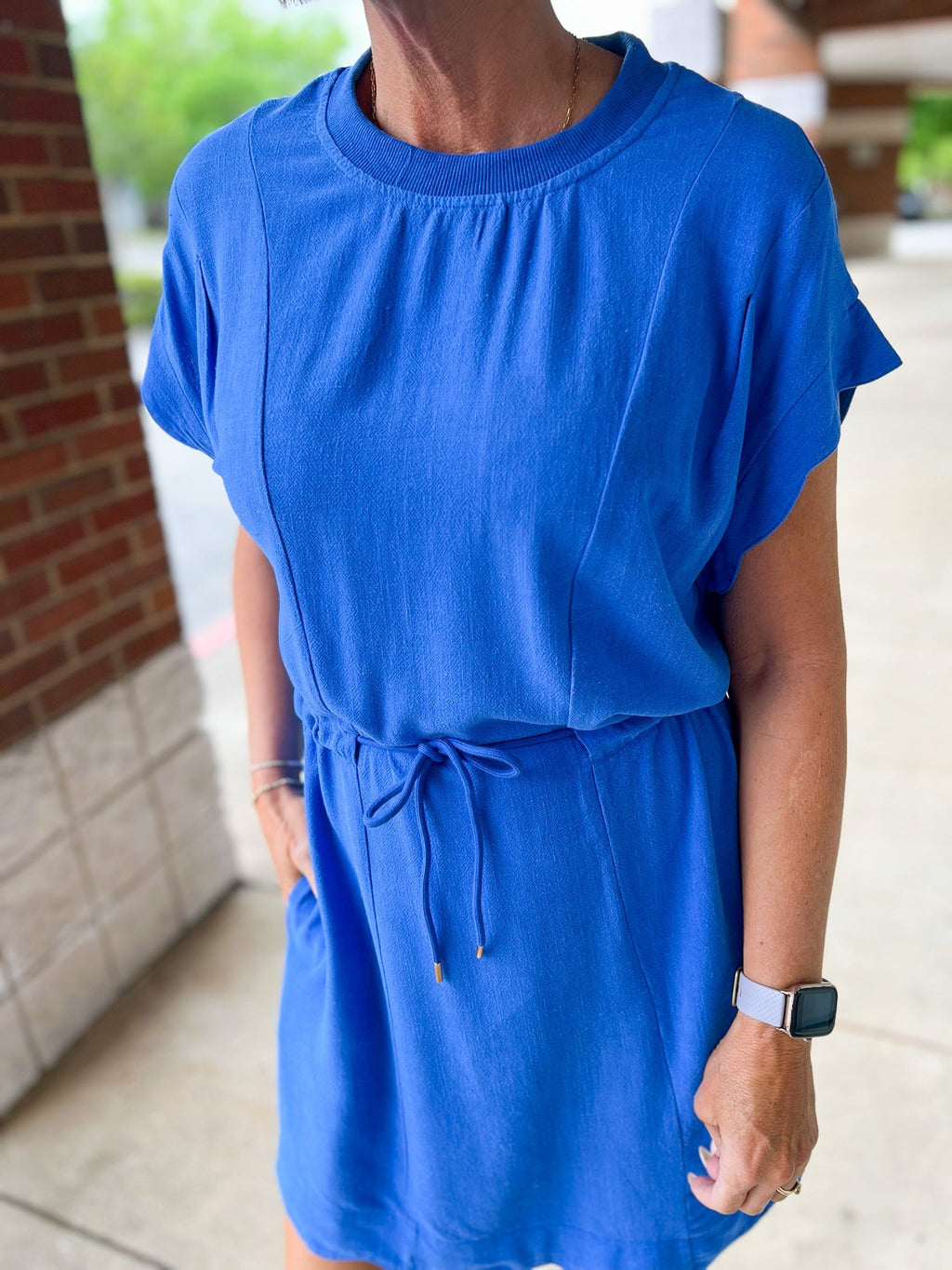 Cerulean Blue Linen Blend Dress for Women — Scalloped Trim - gallery