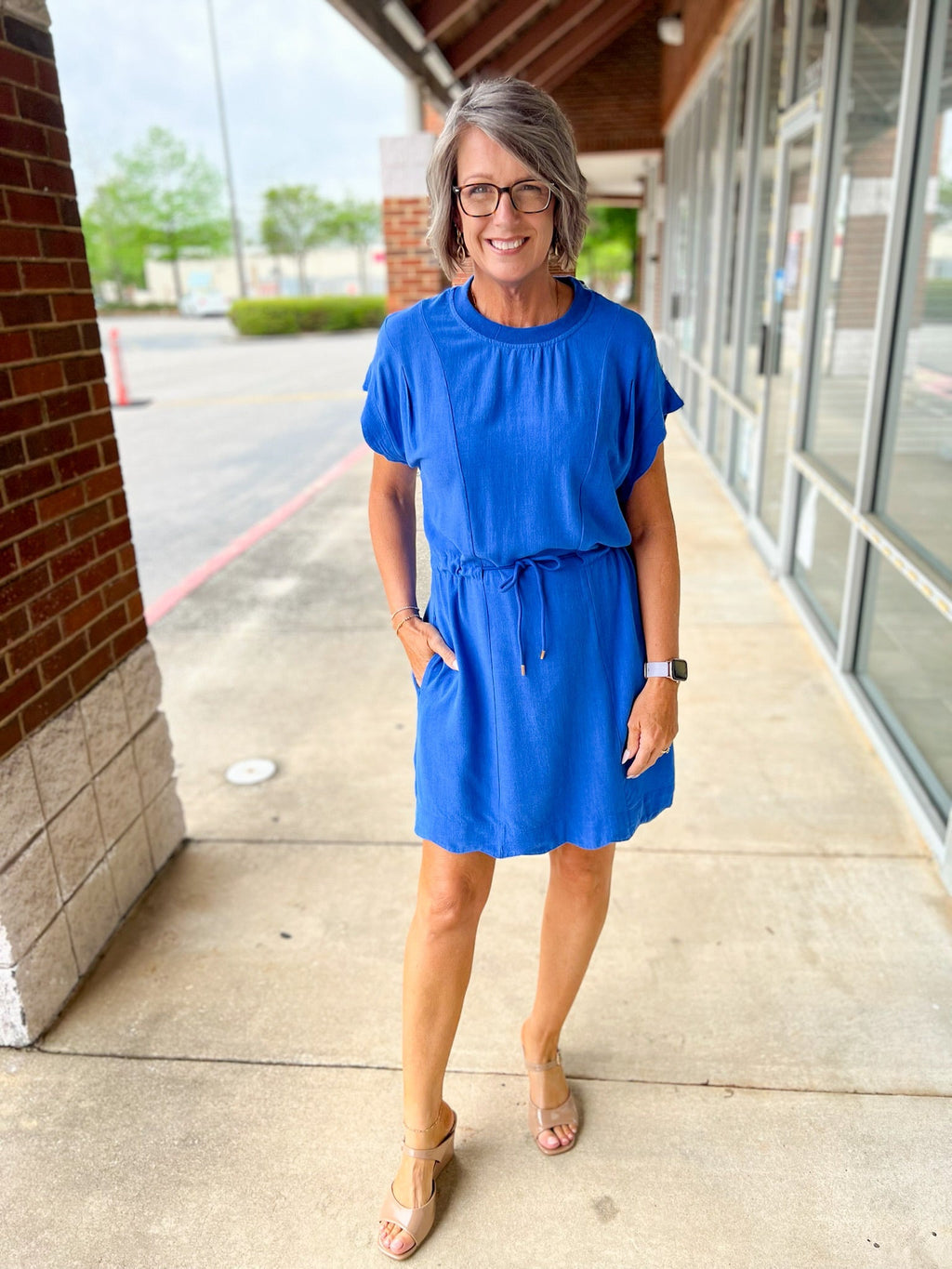 Cerulean Blue Linen Blend Dress for Women — Scalloped Trim - gallery