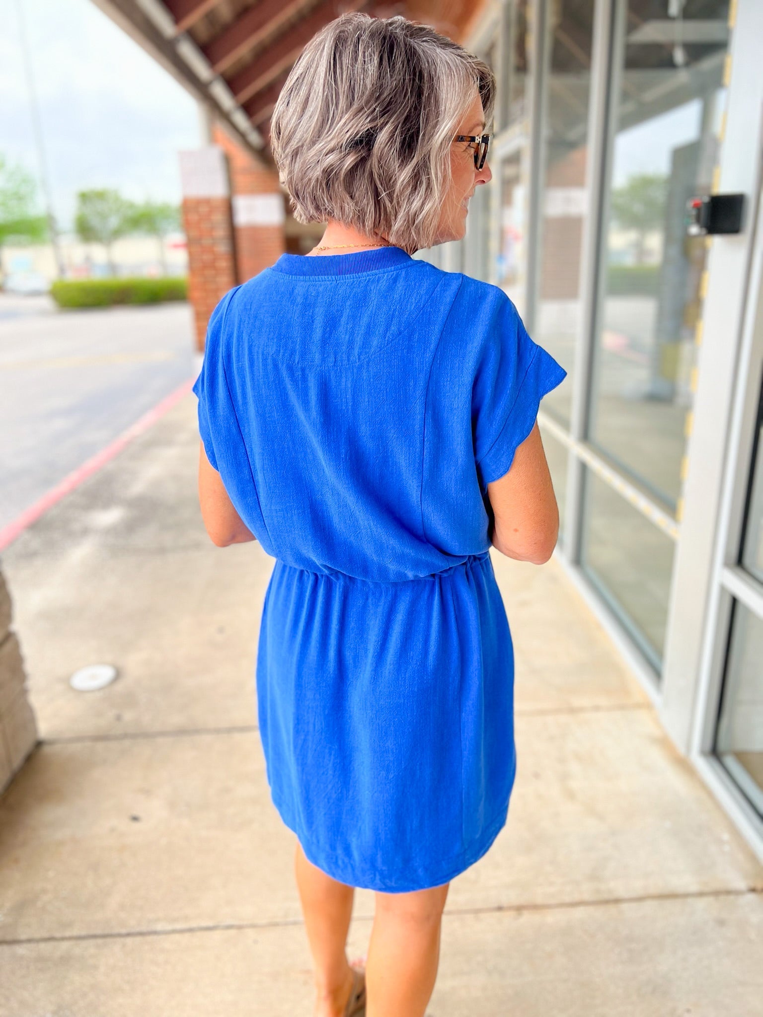 Cerulean Blue Linen Blend Dress for Women — Scalloped Trim - gallery