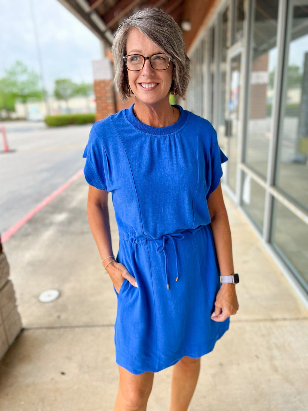 Cerulean Blue Linen Blend Dress for Women — Scalloped Trim