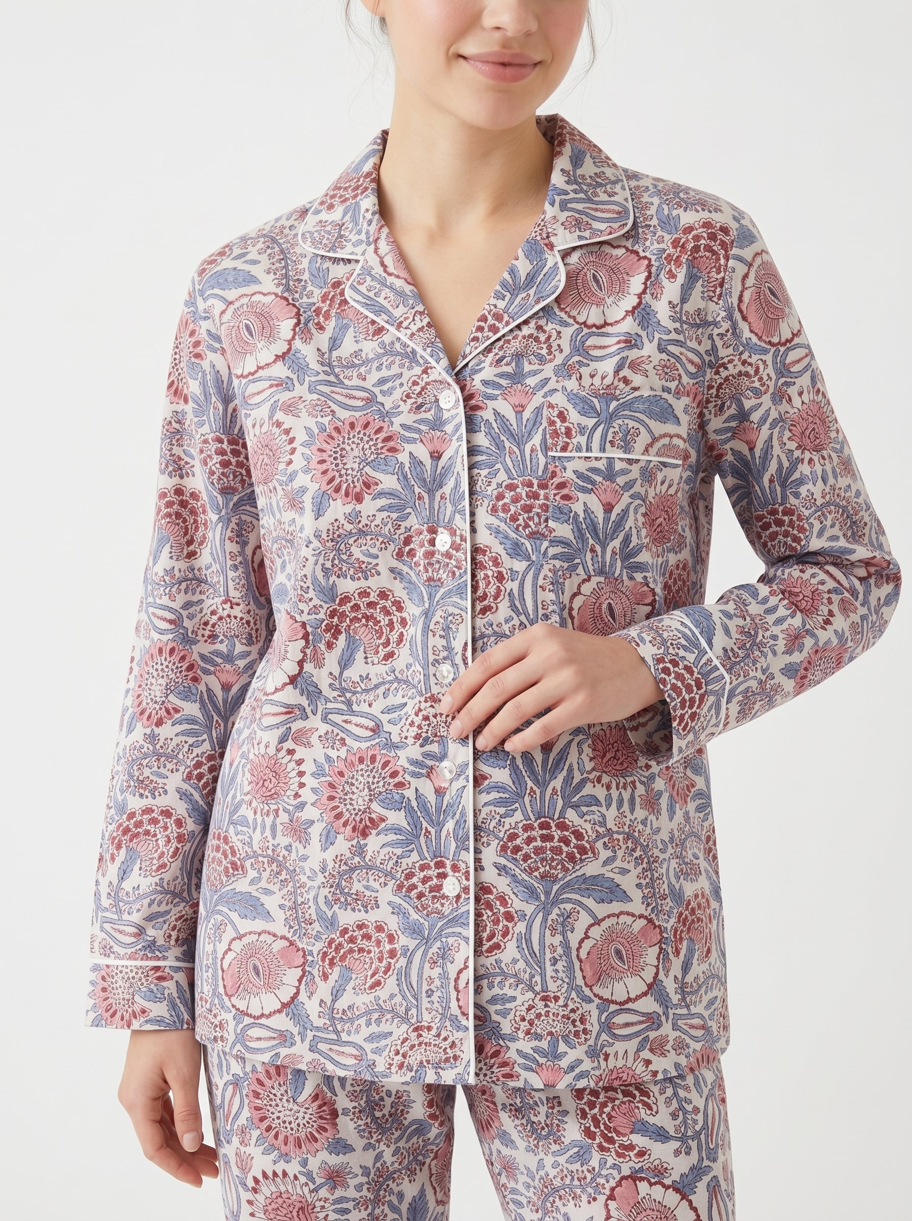 White Mini Floral Print Cotton Pajama Set for Women - gallery