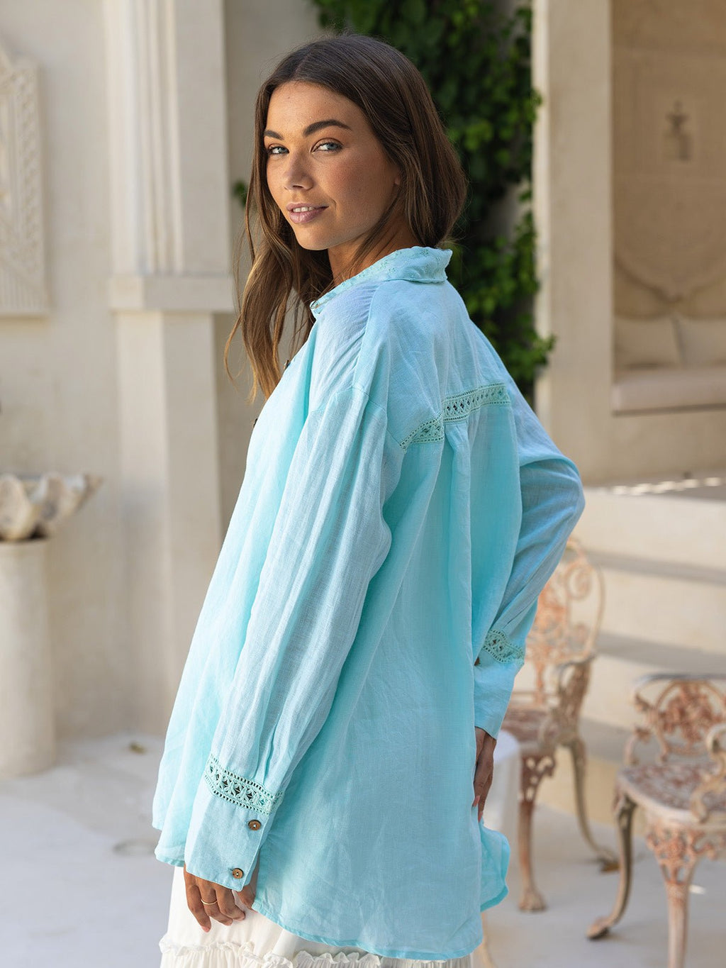Oversized Linen Shirt for Women — Embroidered Collar and Lace Cuffs - gallery