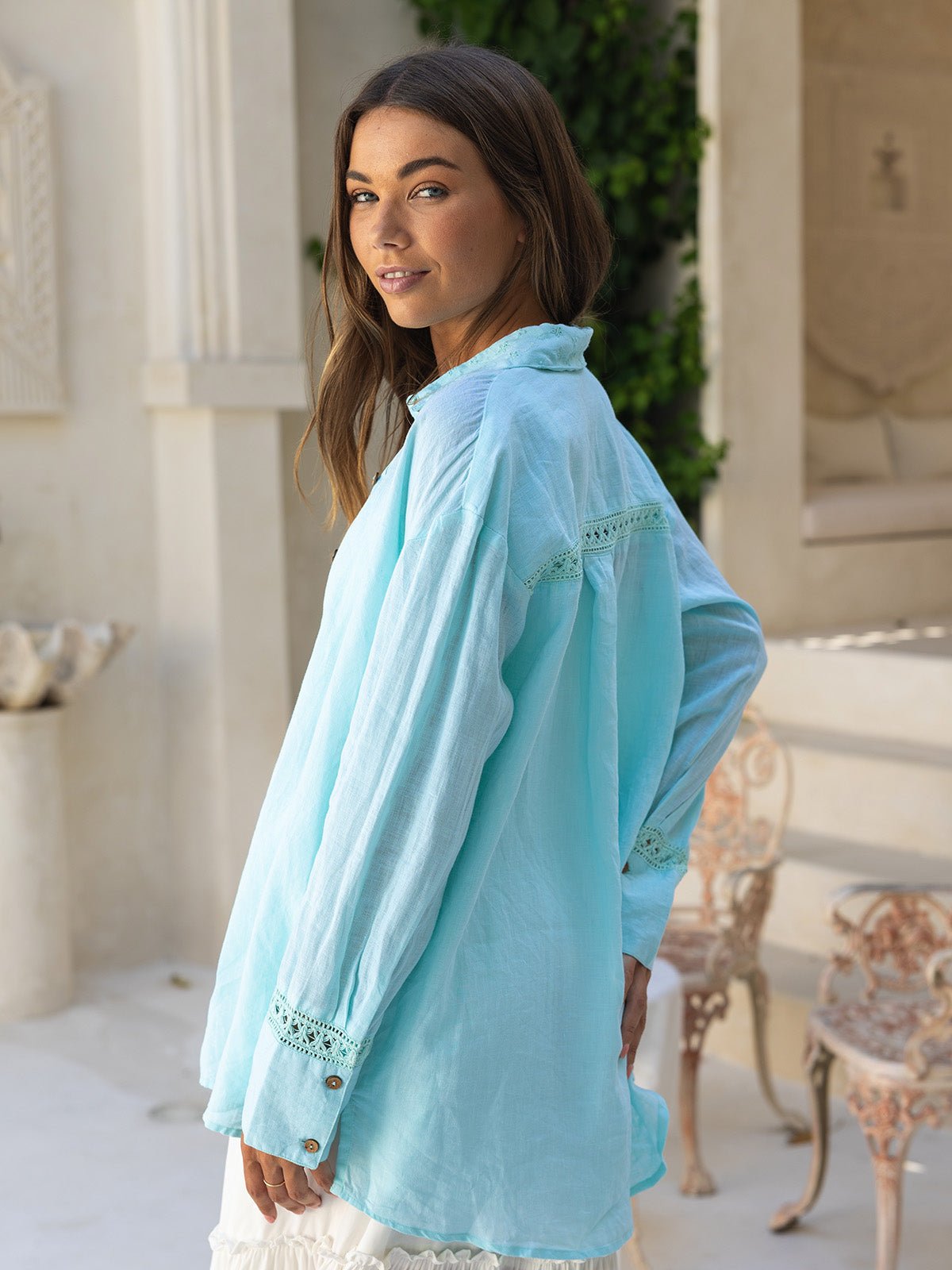 Oversized Linen Shirt for Women — Embroidered Collar and Lace Cuffs - gallery