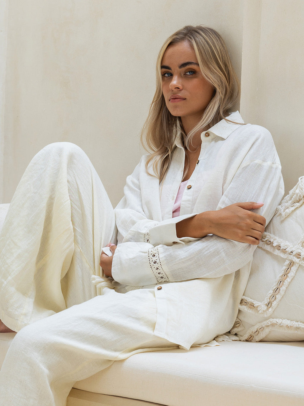 Oversized Linen Shirt for Women — Embroidered Collar and Lace Cuffs - White