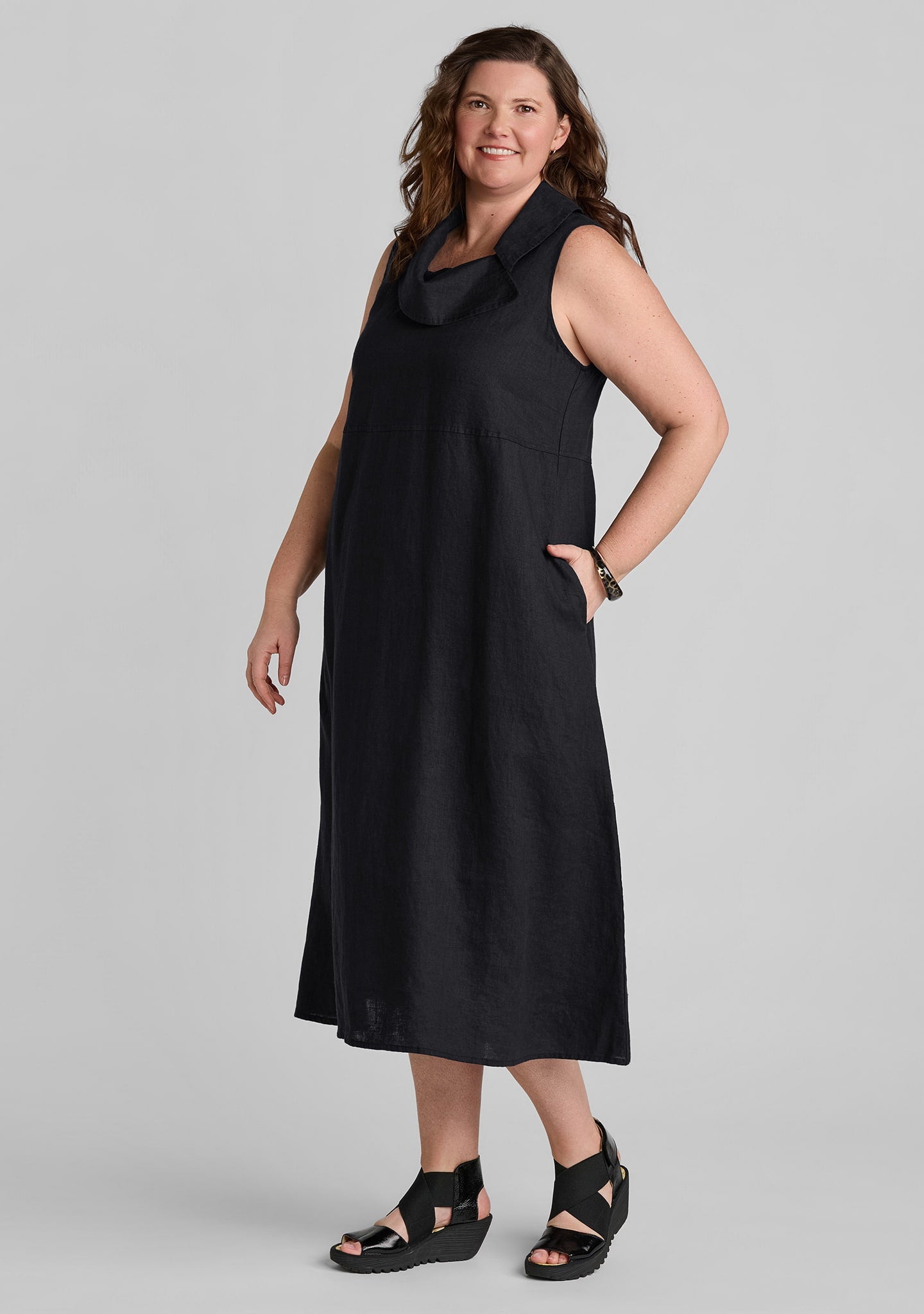 Collar Linen Maxi Dress for Women - Black