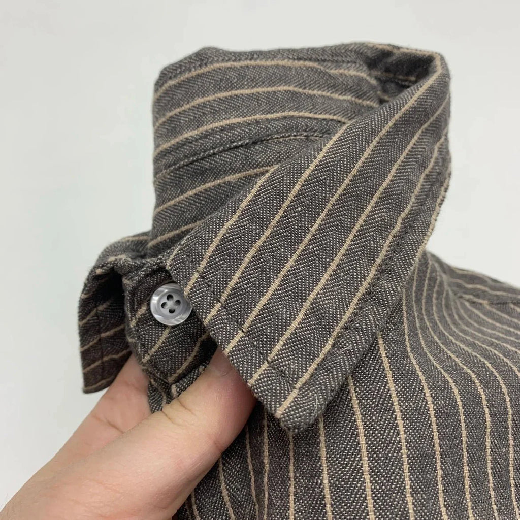 Striped Cotton Linen Long Sleeve Shirt for Men - Coffee