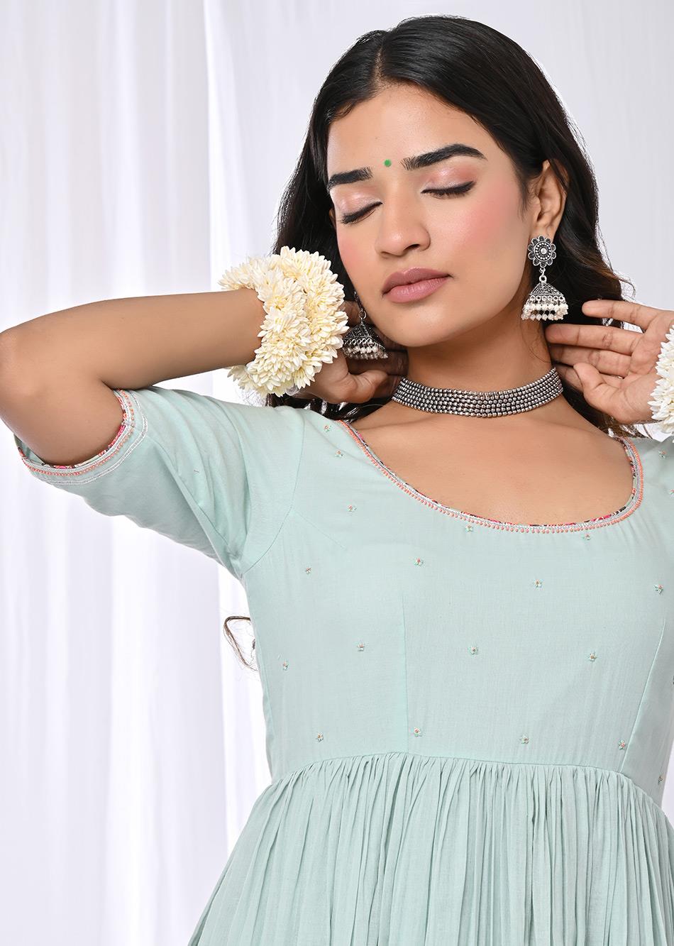Mint Green Embroidered Anarkali Suit Set for Women