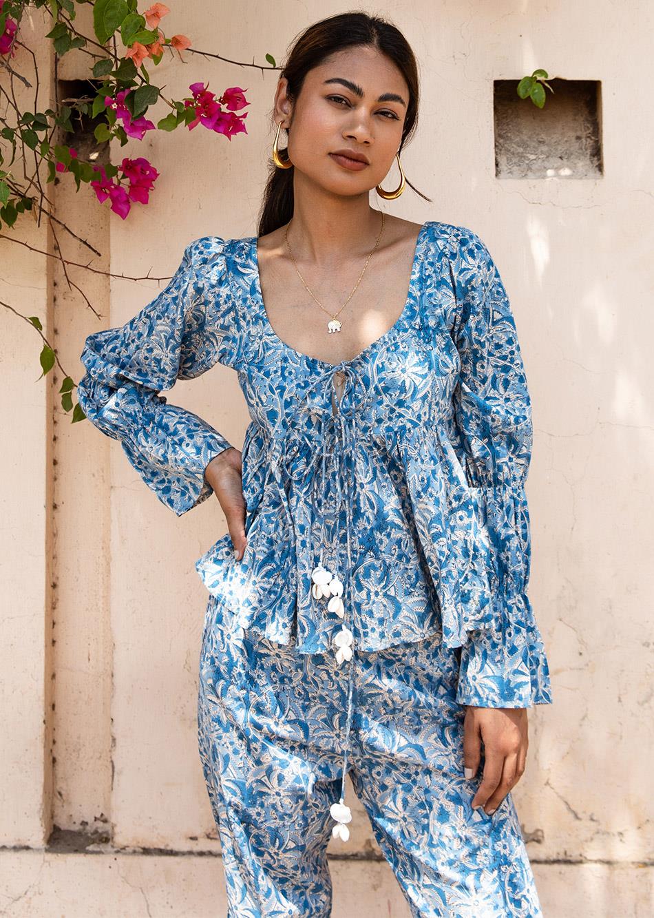 Blue Printed Cotton Co-Ord Set for Women - gallery