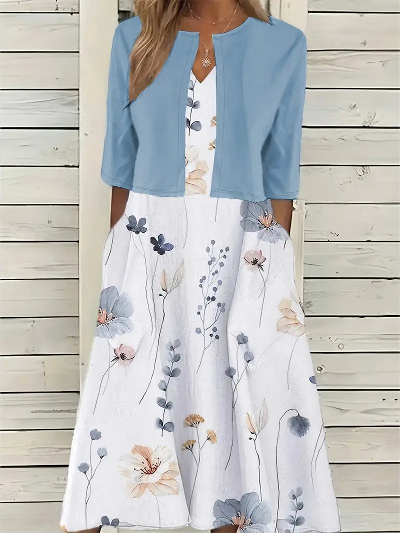 Stylish Two-Piece Floral Dress Set with Solid Crop Top and Round Neckline