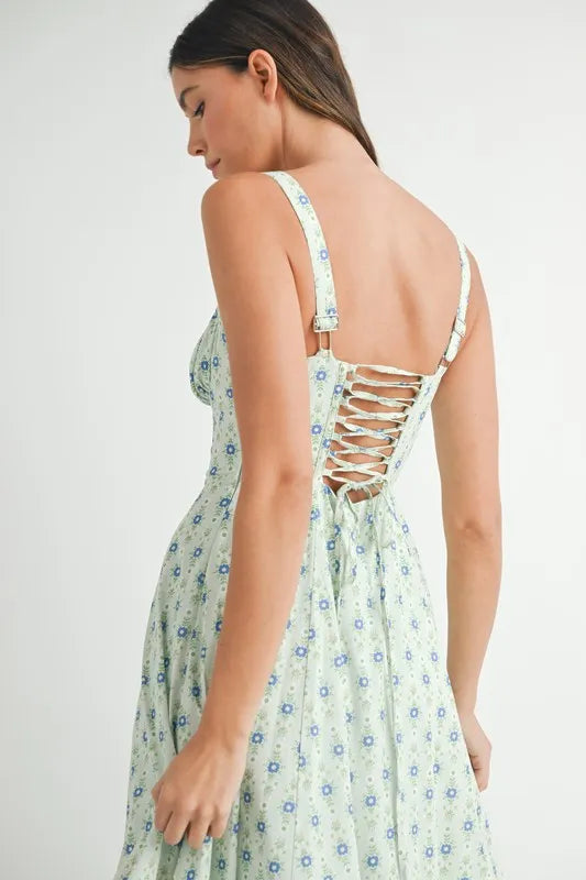 Floral Print Bustier Lace-Up Midi Dress for Women - gallery