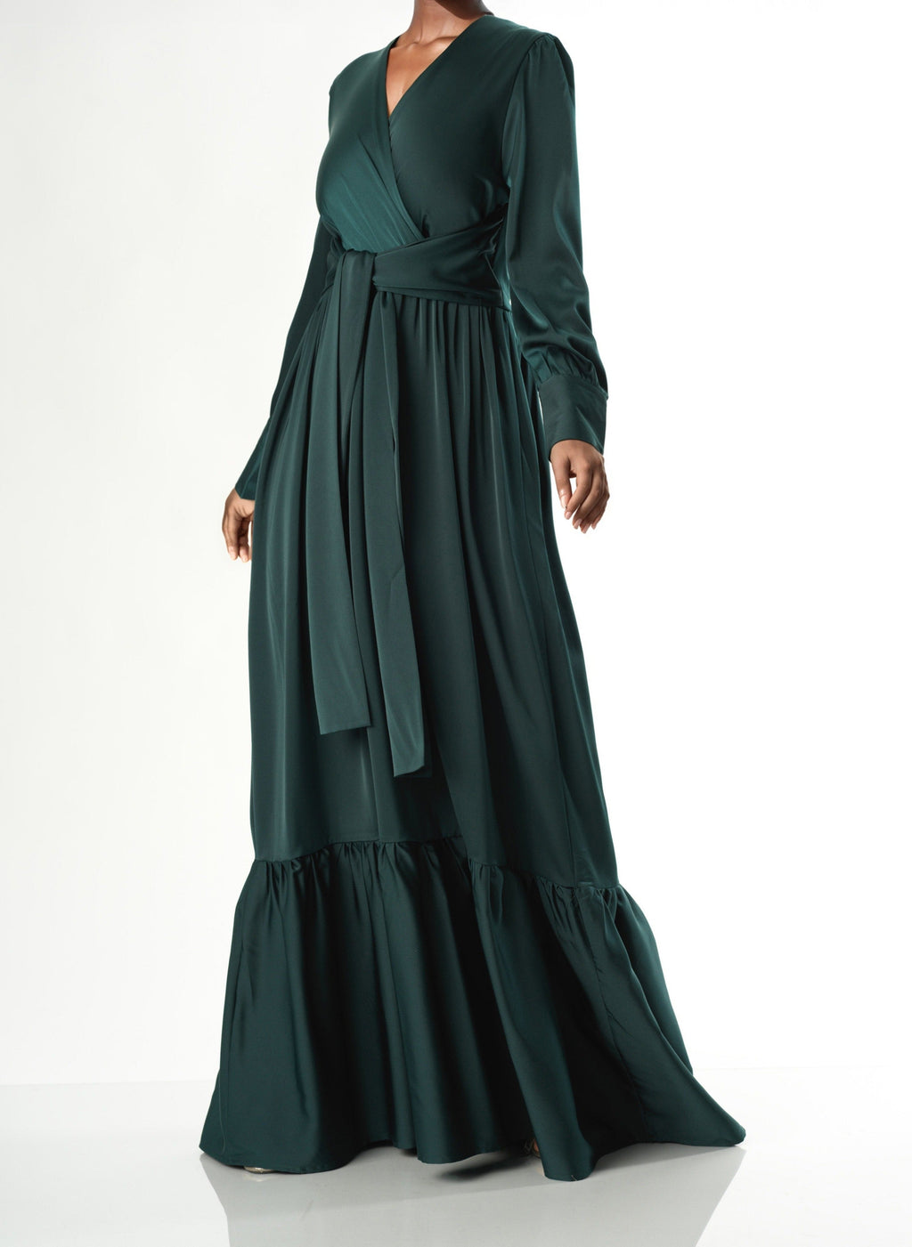 Emerald Satin Long-Sleeve Maxi Dress for Women — V Neckline - gallery