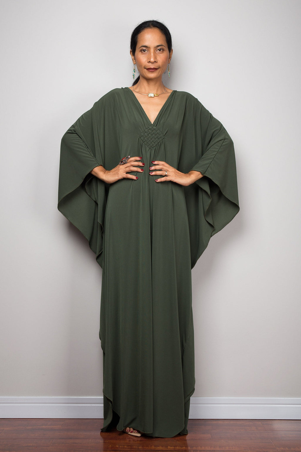 Forest Green Autumn Kaftan Dress for Women — Flowing