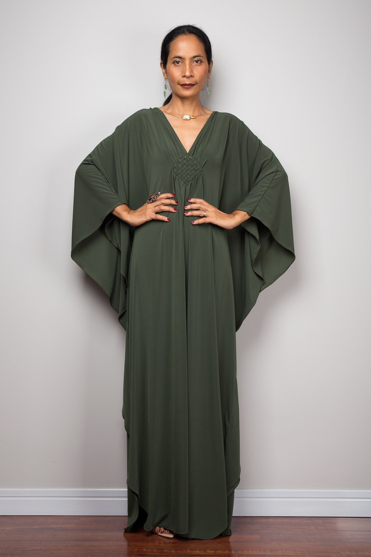 Forest Green Autumn Kaftan Dress for Women — Flowing