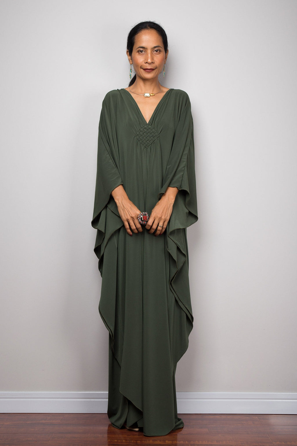 Forest Green Autumn Kaftan Dress for Women — Flowing - gallery