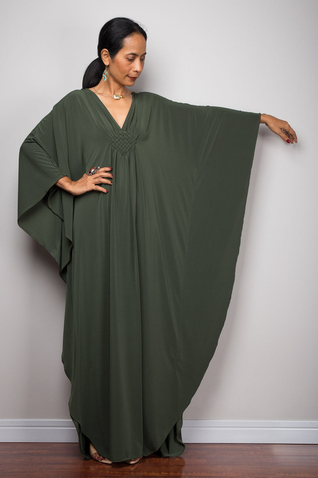 Forest Green Autumn Kaftan Dress for Women — Flowing - gallery