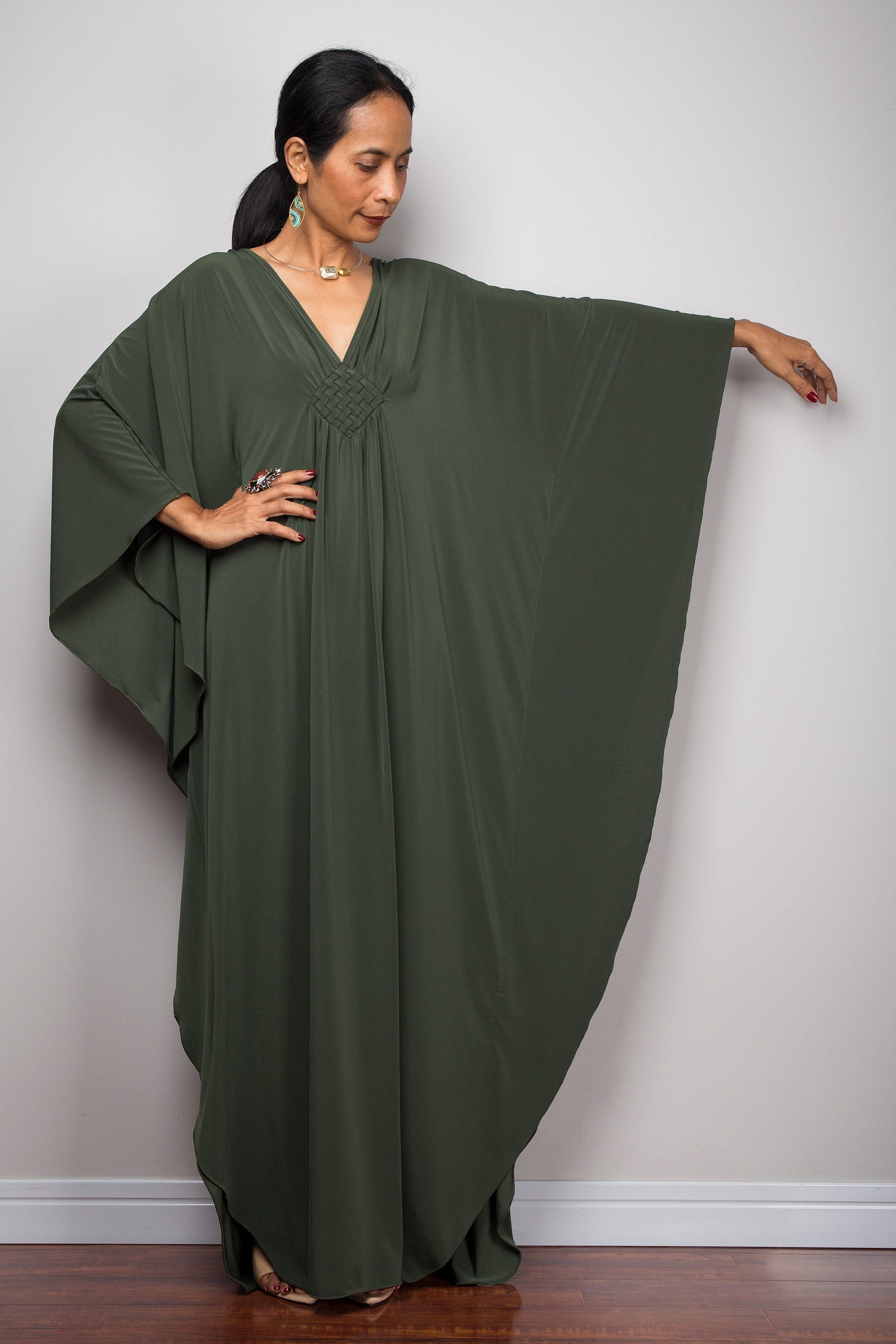 Forest Green Autumn Kaftan Dress for Women — Flowing - gallery