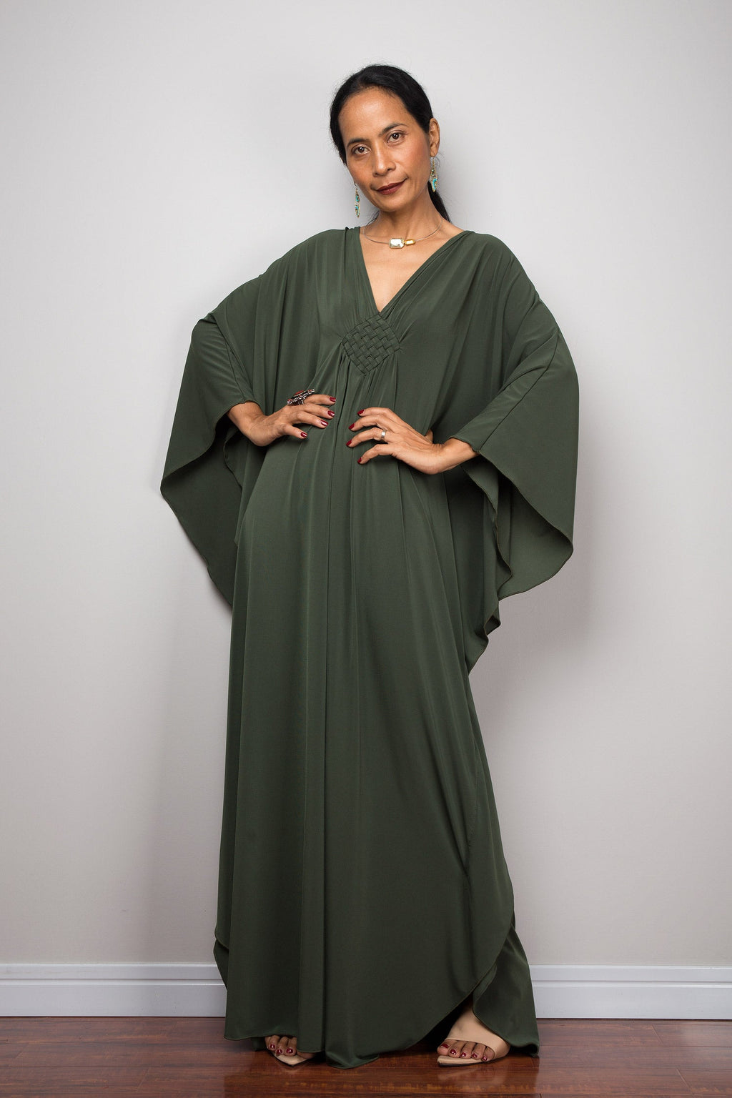 Forest Green Autumn Kaftan Dress for Women — Flowing - gallery