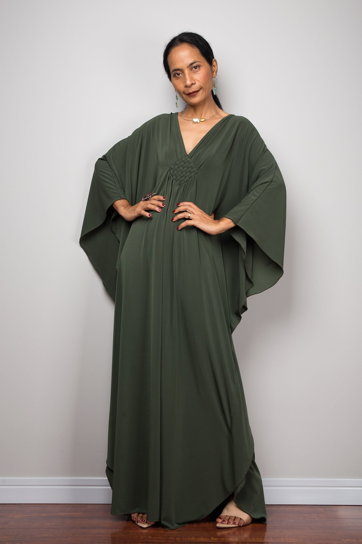 Forest Green Autumn Kaftan Dress for Women — Flowing - gallery