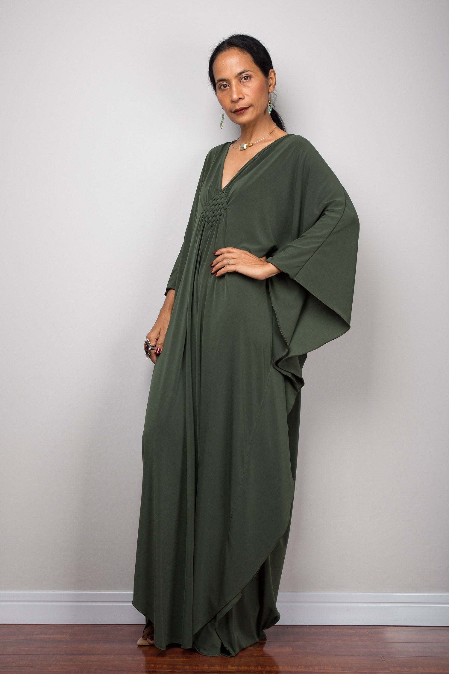 Forest Green Autumn Kaftan Dress for Women — Flowing - gallery