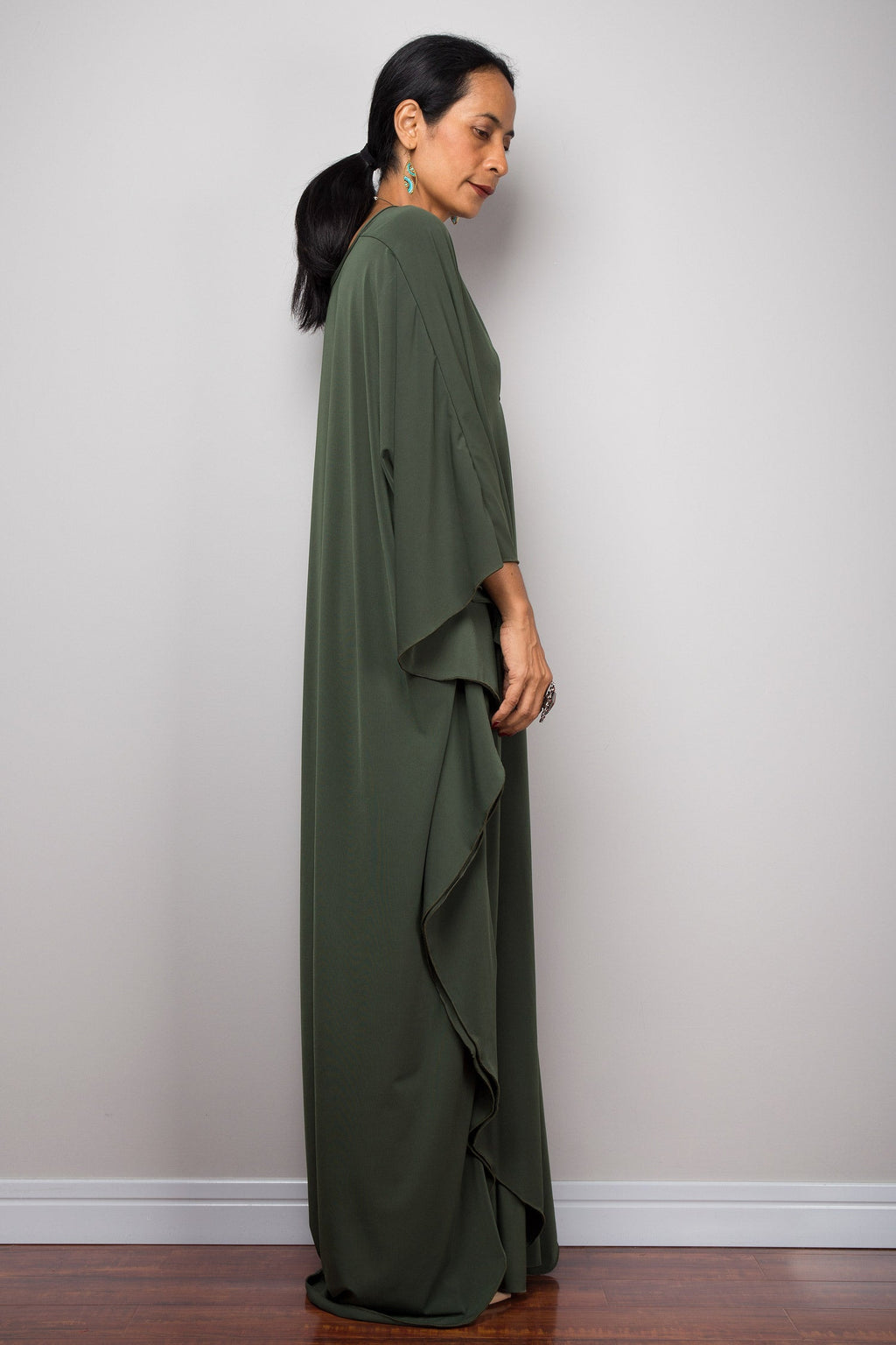 Forest Green Autumn Kaftan Dress for Women — Flowing - gallery