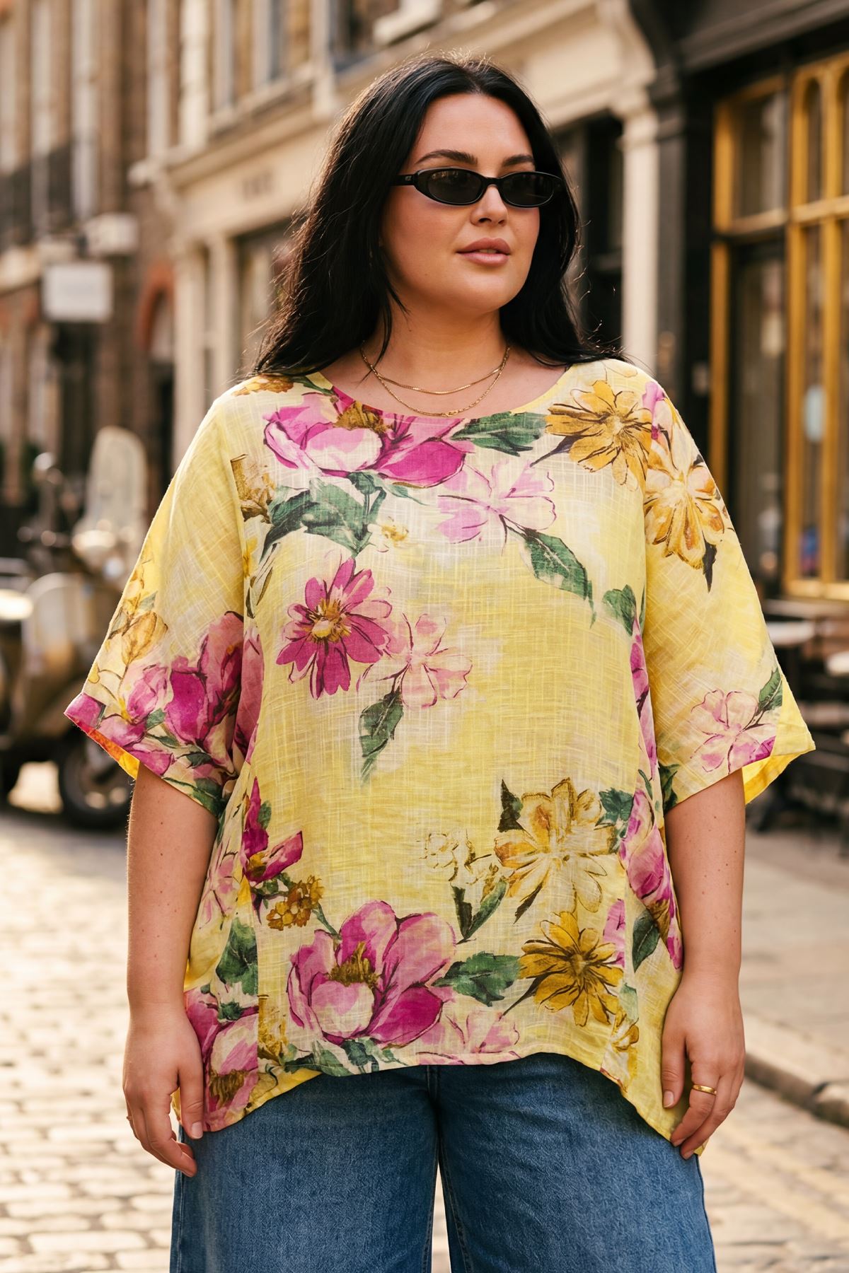 Floral Print Two Front Patch Pockets Oversized Cotton Top — gallery