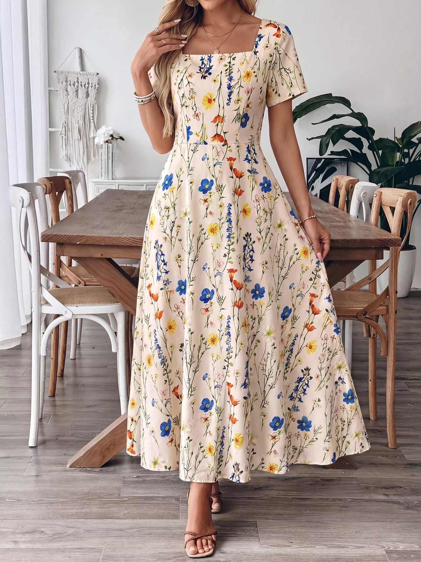 Floral Square Neck Casual Maxi Dress for Women — Front Zip - gallery