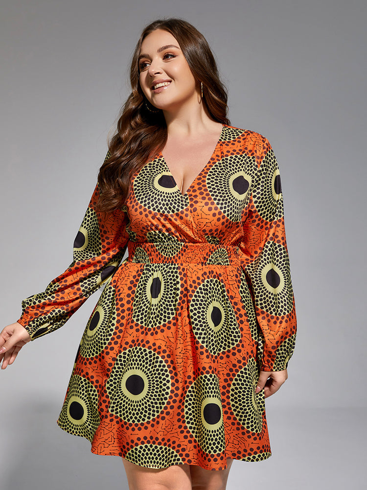 Plus Geometric V Neck Elastic Waist Dress for Women - gallery