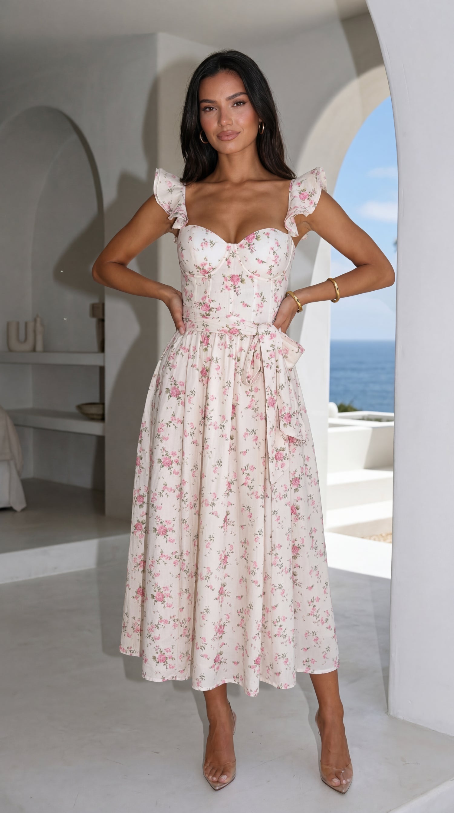 Florienne Floral Corset Flutter Midi Dress - Ivory — gallery